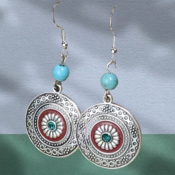 Boho Western Chic Dangle Drop Earrings Pierced Antique Silver Red Turquoise - Picture 14 of 16